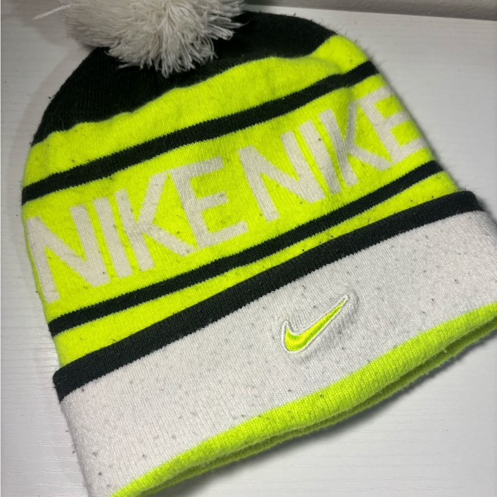 Nike Neon Yellow and White Striped Beanie